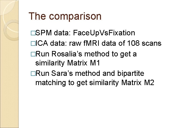 The comparison �SPM data: Face. Up. Vs. Fixation �ICA data: raw f. MRI data