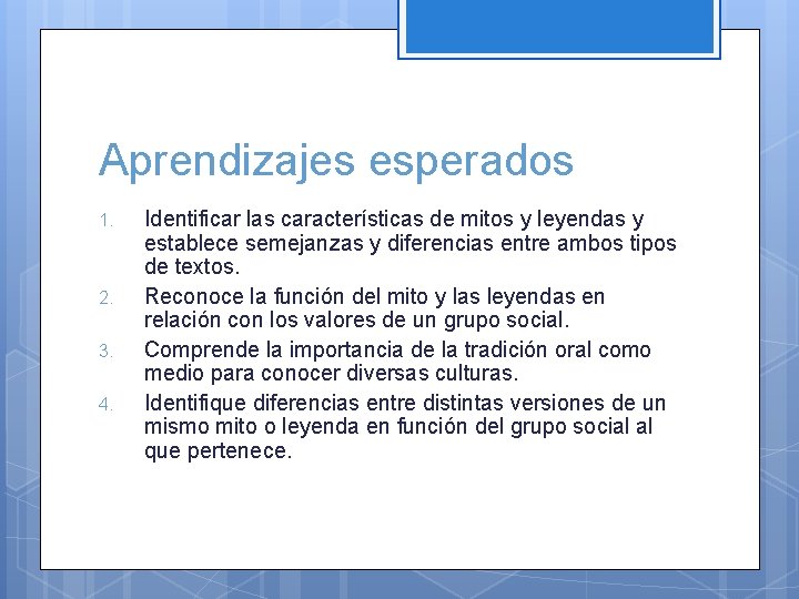 Aprendizajes esperados 1. 2. 3. 4. Identificar las características de mitos y leyendas y