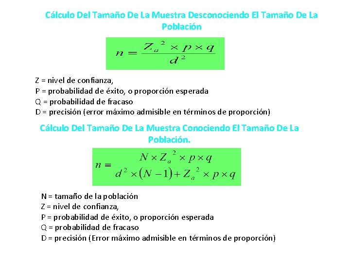 Cálculo Del Tamaño De La Muestra Desconociendo El Tamaño De La Población Z =