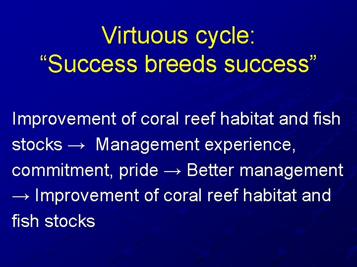 Virtuous cycle: “Success breeds success” Improvement of coral reef habitat and fish stocks →