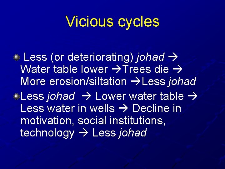 Vicious cycles Less (or deteriorating) johad Water table lower Trees die More erosion/siltation Less
