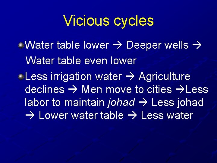 Vicious cycles Water table lower Deeper wells Water table even lower Less irrigation water