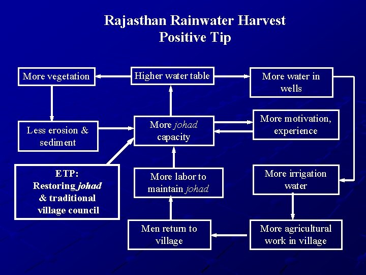 Rajasthan Rainwater Harvest Positive Tip More vegetation Less erosion & sediment ETP: Restoring johad