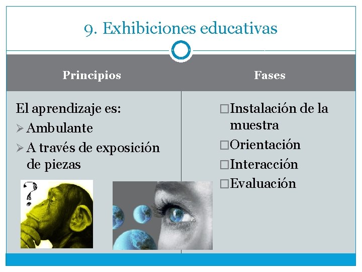 9. Exhibiciones educativas Principios El aprendizaje es: Ø Ambulante Ø A través de exposición