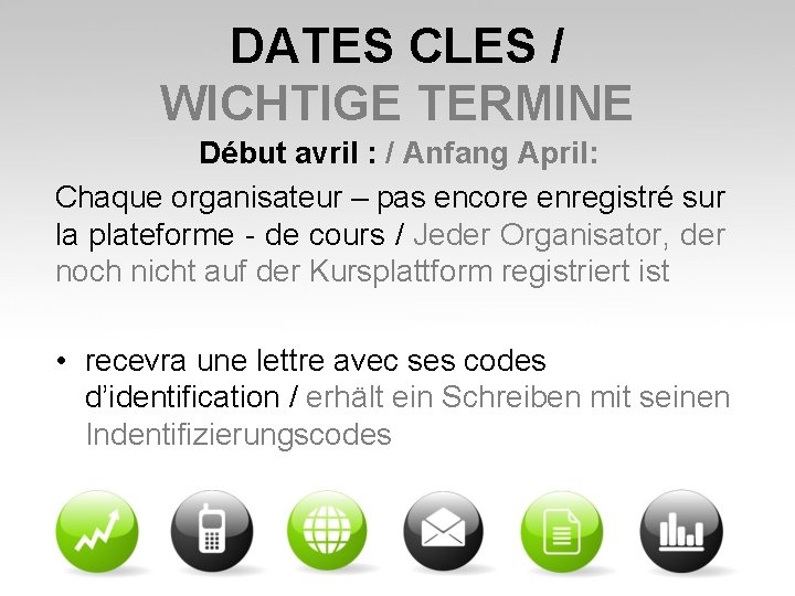 DATES CLES / WICHTIGE TERMINE Début avril : / Anfang April: Chaque organisateur –