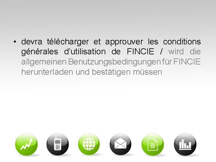  • devra télécharger et approuver les conditions générales d’utilisation de FINCIE / wird