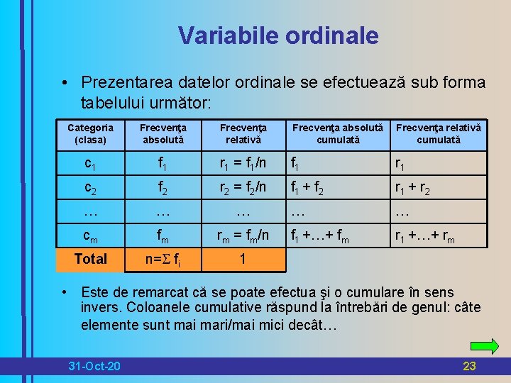 Variabile ordinale • Prezentarea datelor ordinale se efectuează sub forma tabelului următor: Categoria (clasa)