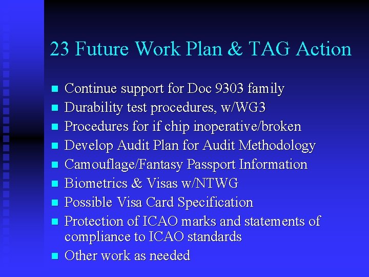 23 Future Work Plan & TAG Action n n n n Continue support for