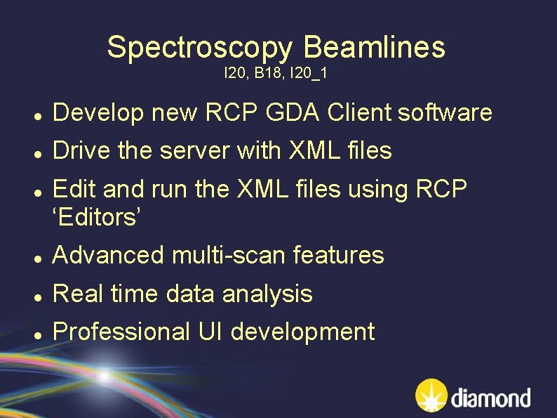 Spectroscopy Beamlines I 20, B 18, I 20_1 Develop new RCP GDA Client software