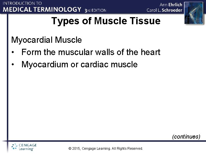 Types of Muscle Tissue Myocardial Muscle • Form the muscular walls of the heart
