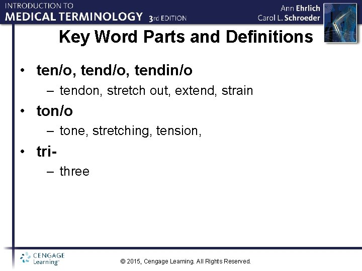 Key Word Parts and Definitions • ten/o, tendin/o – tendon, stretch out, extend, strain