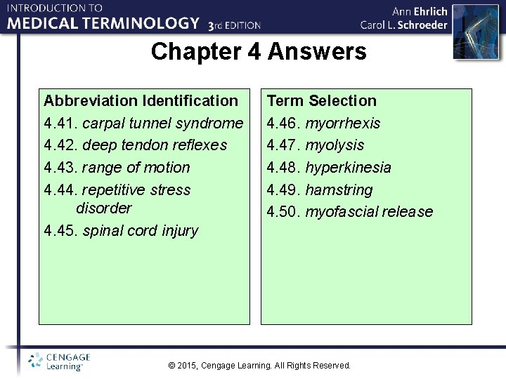 Chapter 4 Answers Abbreviation Identification 4. 41. carpal tunnel syndrome 4. 42. deep tendon