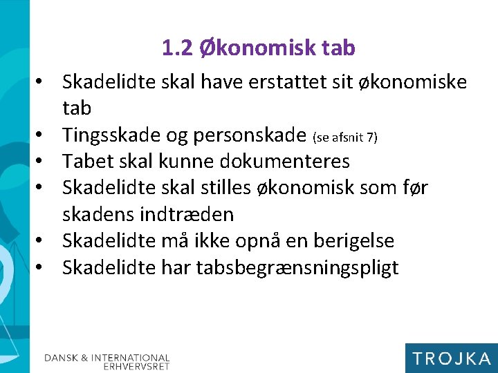 1. 2 Økonomisk tab • Skadelidte skal have erstattet sit økonomiske tab • Tingsskade