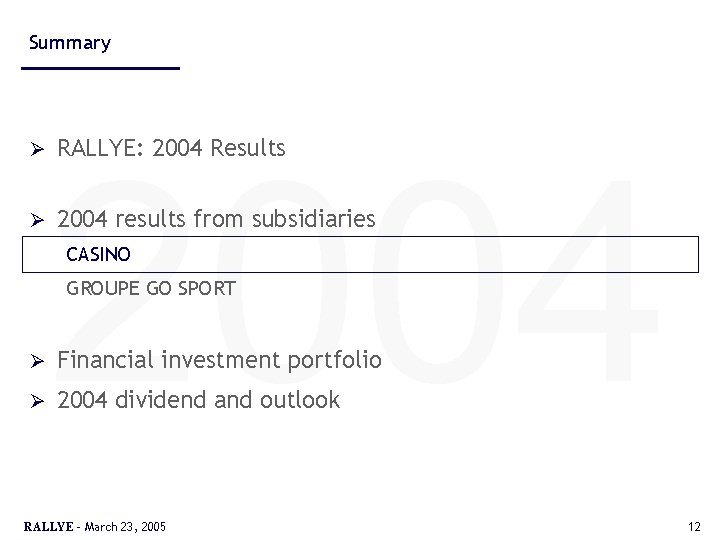 Summary Ø Ø 2004 RALLYE: 2004 Results 2004 results from subsidiaries CASINO GROUPE GO