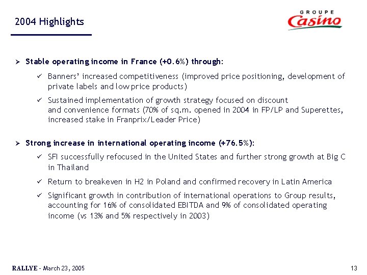 2004 Highlights Ø Ø Stable operating income in France (+0. 6%) through: ü Banners’