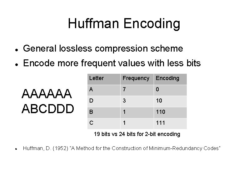 Huffman Encoding General lossless compression scheme Encode more frequent values with less bits AAAAAA