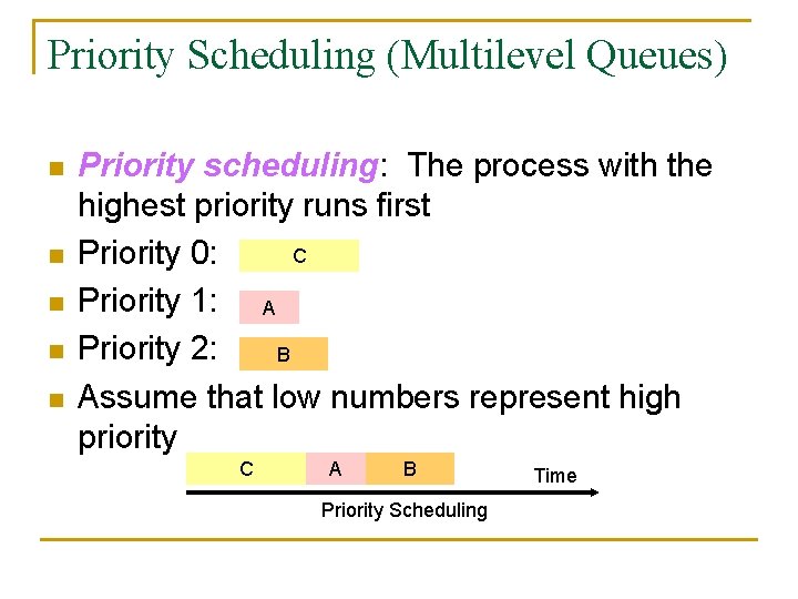 Priority Scheduling (Multilevel Queues) n n n Priority scheduling: The process with the highest