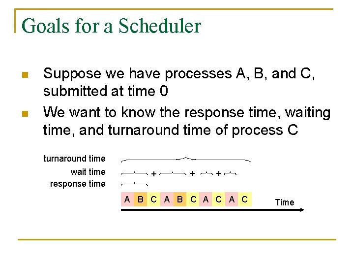 Goals for a Scheduler n n Suppose we have processes A, B, and C,