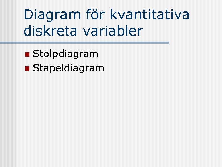 Diagram för kvantitativa diskreta variabler Stolpdiagram n Stapeldiagram n 