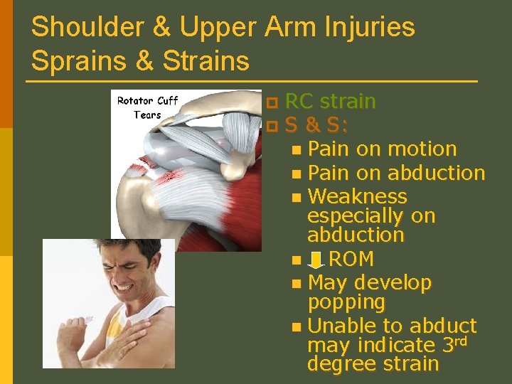 Shoulder & Upper Arm Injuries Sprains & Strains RC strain p S & S: