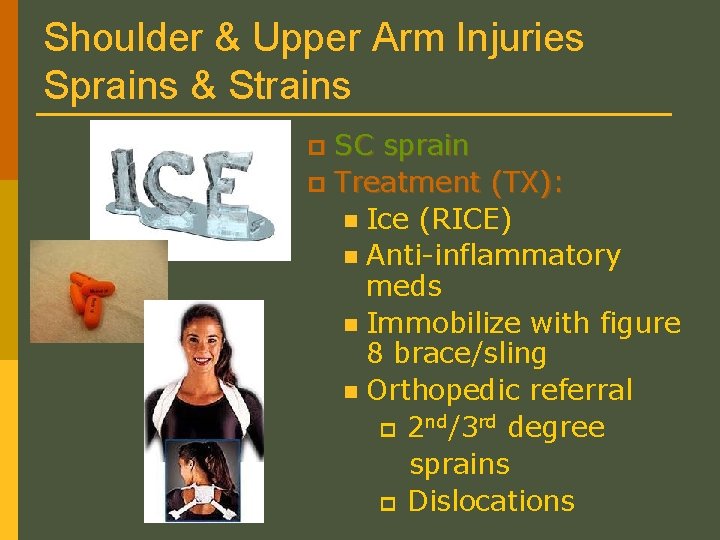 Shoulder & Upper Arm Injuries Sprains & Strains SC sprain p Treatment (TX): n