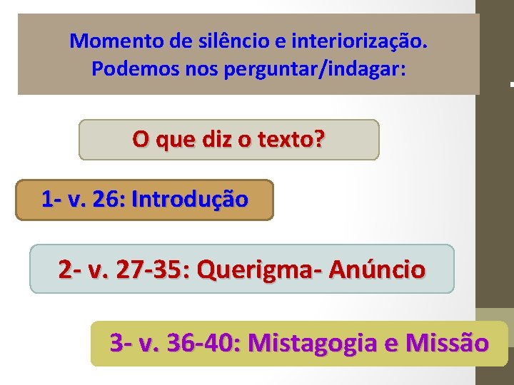 Momento de silêncio e interiorização. Podemos nos perguntar/indagar: O que diz o texto? 1