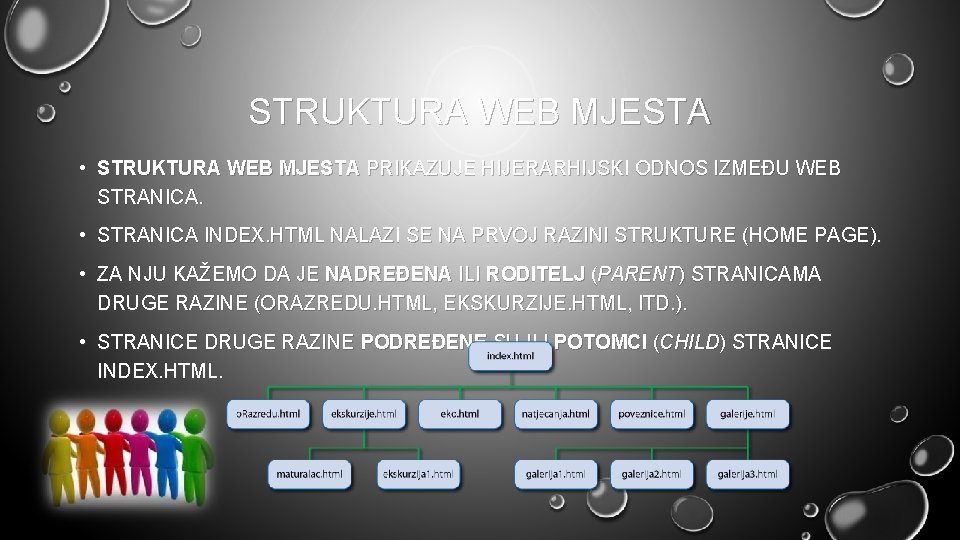 STRUKTURA WEB MJESTA • STRUKTURA WEB MJESTA PRIKAZUJE HIJERARHIJSKI ODNOS IZMEĐU WEB STRANICA. •