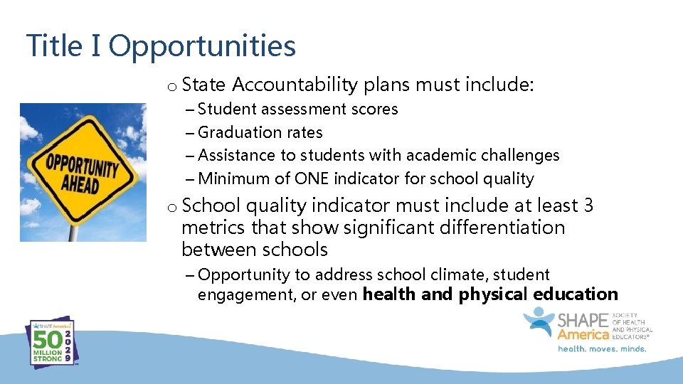 Title I Opportunities o State Accountability plans must include: – Student assessment scores –