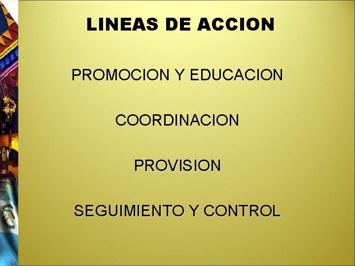 LINEAS DE ACCION PROMOCION Y EDUCACION COORDINACION PROVISION SEGUIMIENTO Y CONTROL 