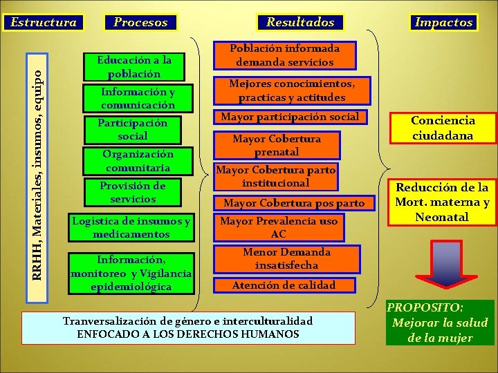 RRHH, Materiales, insumos, equipo Estructura Procesos Educación a la población Información y comunicación Participación