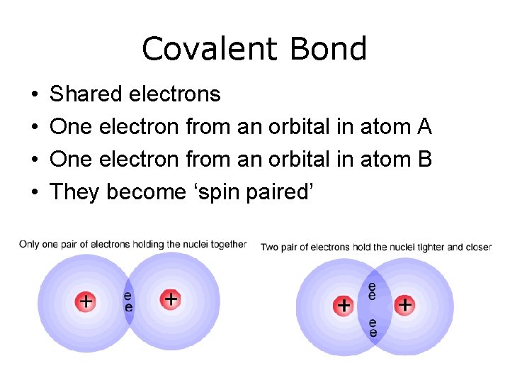 Covalent Bond • • Shared electrons One electron from an orbital in atom A