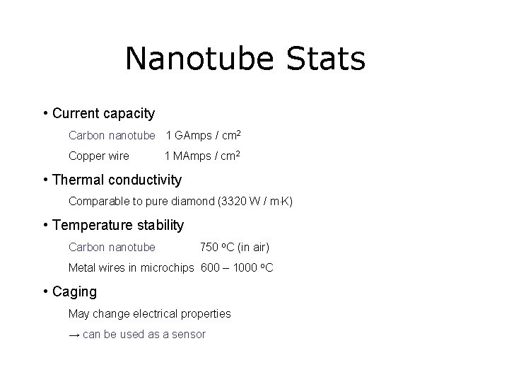 Nanotube Stats • Current capacity Carbon nanotube 1 GAmps / cm 2 Copper wire