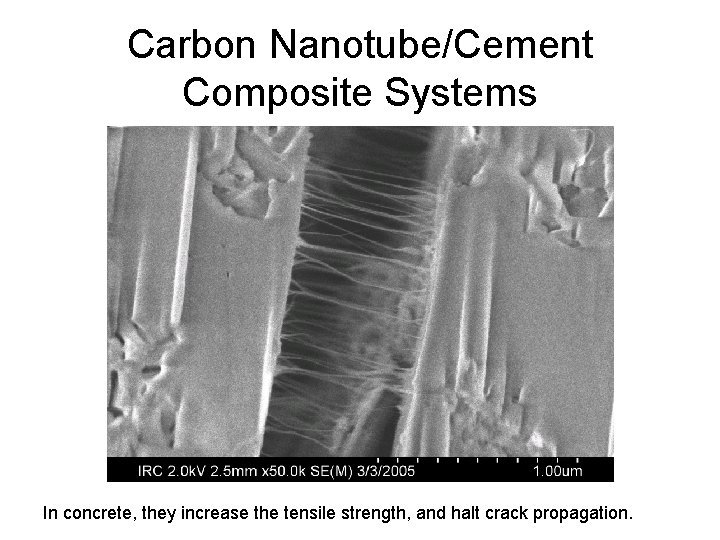 Carbon Nanotube/Cement Composite Systems In concrete, they increase the tensile strength, and halt crack