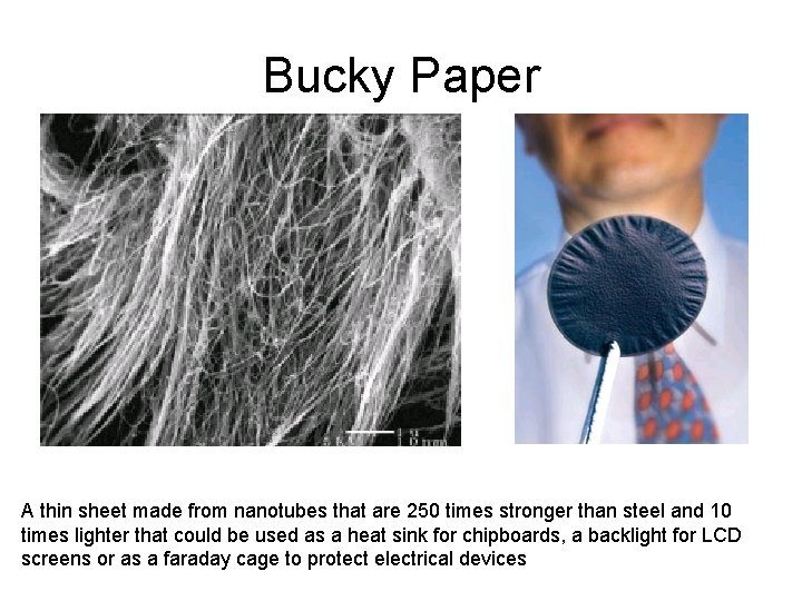 Bucky Paper A thin sheet made from nanotubes that are 250 times stronger than