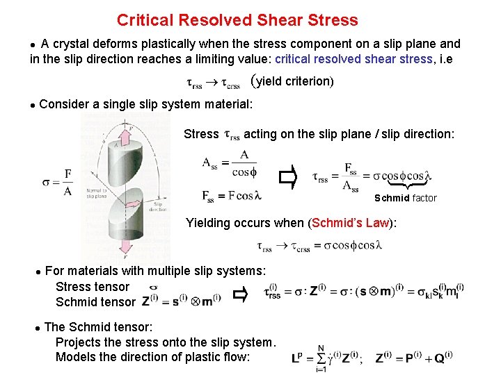 Critical Resolved Shear Stress A crystal deforms plastically when the stress component on a Critical Resolved Shear Stress A crystal deforms plastically when the stress component on a