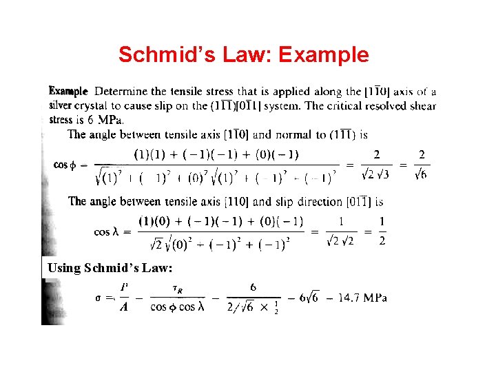 Schmid’s Law: Example Using Schmid’s Law: Schmid’s Law: Example Using Schmid’s Law: