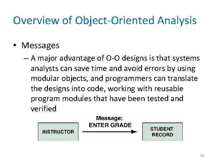 Overview of Object-Oriented Analysis • Messages – A major advantage of O-O designs is