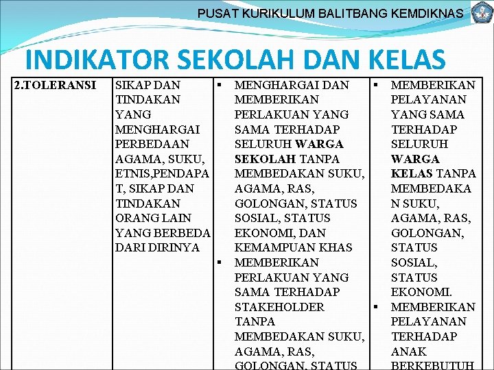 PUSAT KURIKULUM BALITBANG KEMDIKNAS INDIKATOR SEKOLAH DAN KELAS 2. TOLERANSI SIKAP DAN TINDAKAN YANG