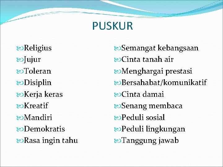 PUSKUR Religius Jujur Toleran Disiplin Kerja keras Kreatif Mandiri Demokratis Rasa ingin tahu Semangat