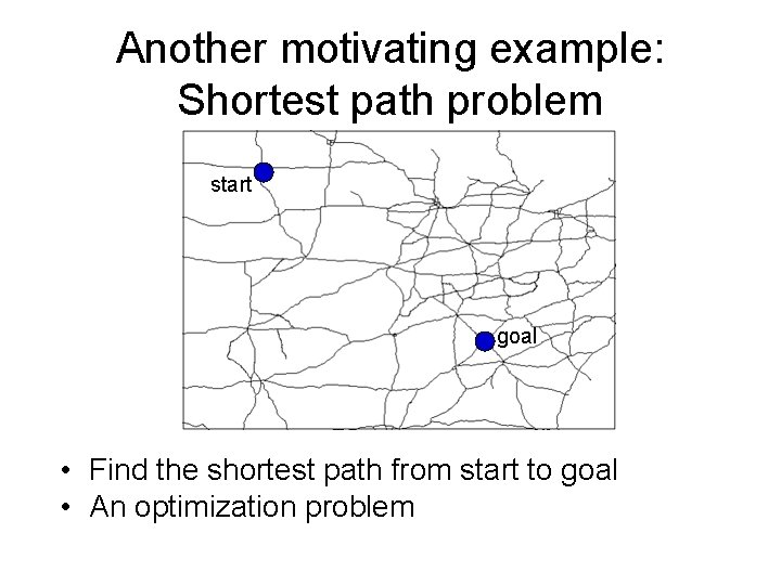 Another motivating example: Shortest path problem start goal • Find the shortest path from