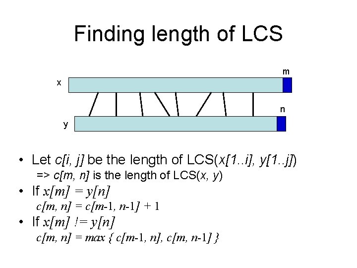 Finding length of LCS m x n y • Let c[i, j] be the