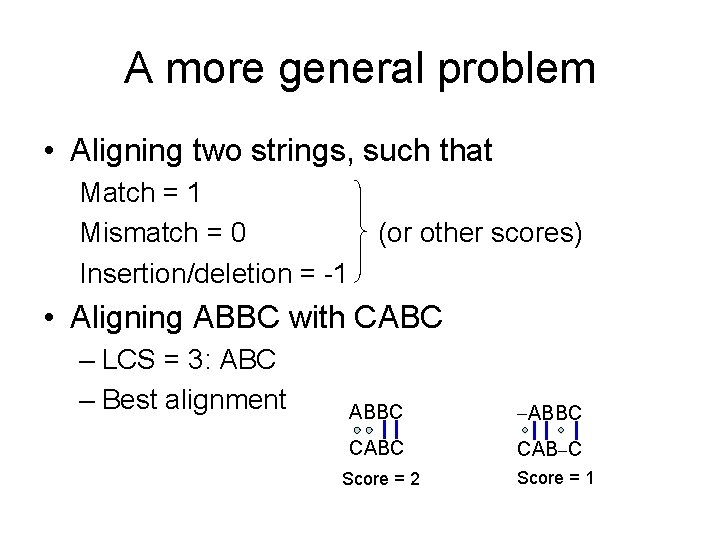 A more general problem • Aligning two strings, such that Match = 1 Mismatch