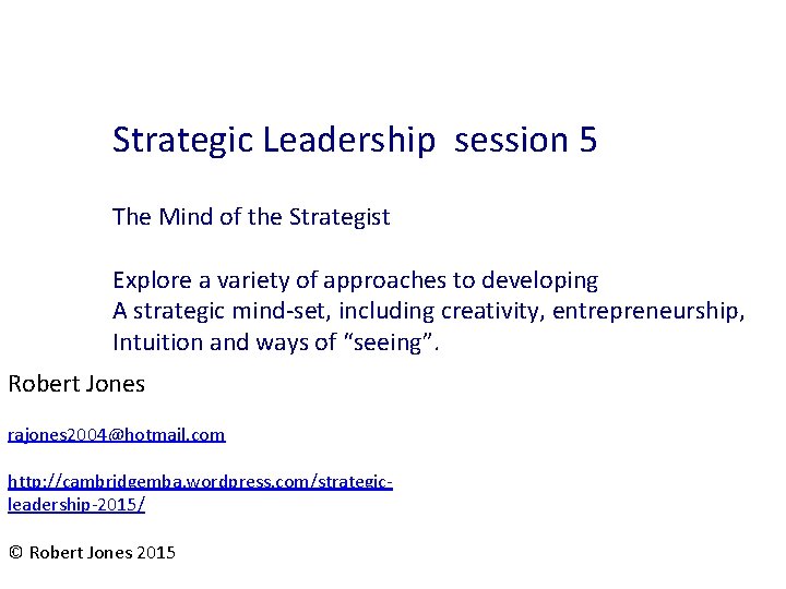 Strategic Leadership session 5 The Mind of the Strategist Explore a variety of approaches Strategic Leadership session 5 The Mind of the Strategist Explore a variety of approaches