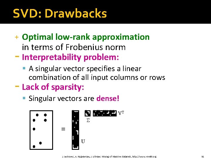 SVD: Drawbacks Optimal low-rank approximation in terms of Frobenius norm - Interpretability problem: +
