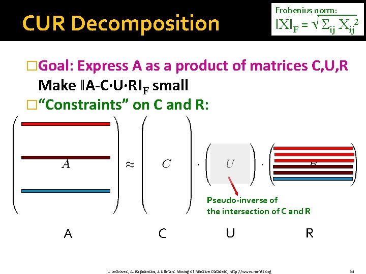 Frobenius norm: CUR Decomposition ǁXǁF = Σij Xij 2 �Goal: Express A as a