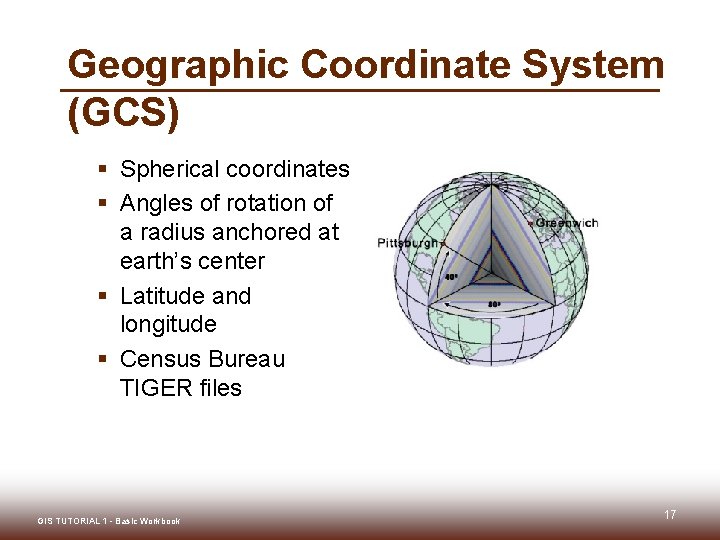 Geographic Coordinate System (GCS) § Spherical coordinates § Angles of rotation of a radius