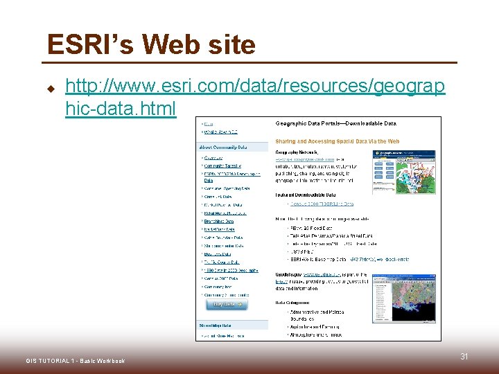 ESRI’s Web site u http: //www. esri. com/data/resources/geograp hic-data. html GIS TUTORIAL 1 -