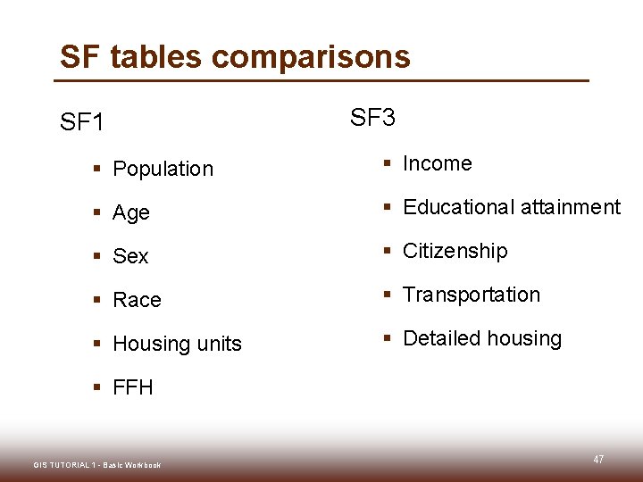 SF tables comparisons SF 1 SF 3 § Population § Income § Age §