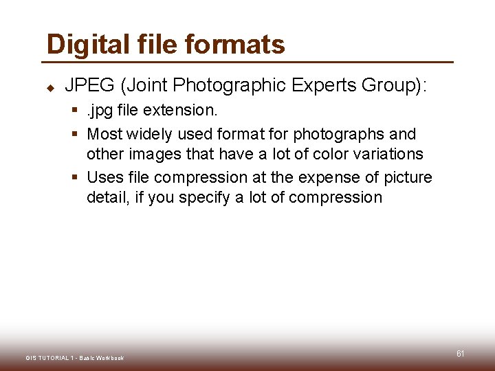 Digital file formats u JPEG (Joint Photographic Experts Group): §. jpg file extension. §