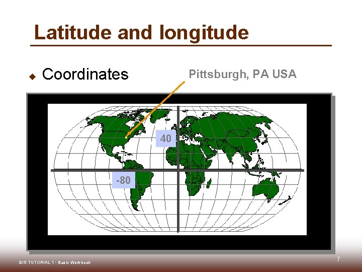 Latitude and longitude u Coordinates Pittsburgh, PA USA 40 -80 GIS TUTORIAL 1 -